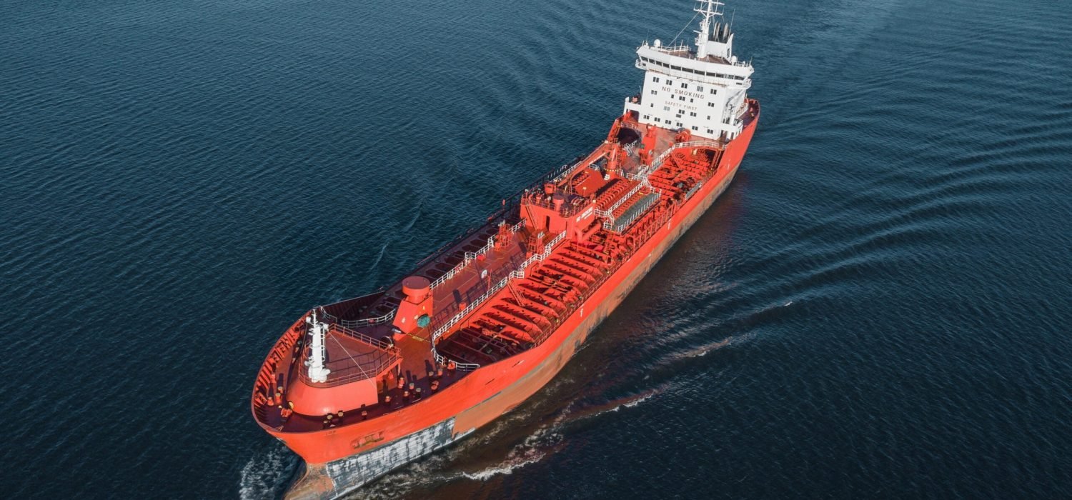Aerial view of oil tanker floating in the sea